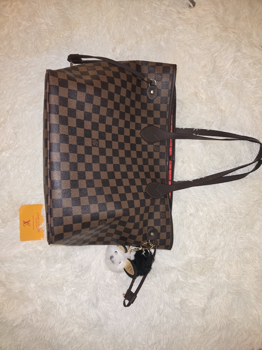 Brown Checkered Tote Bag with Red Trim